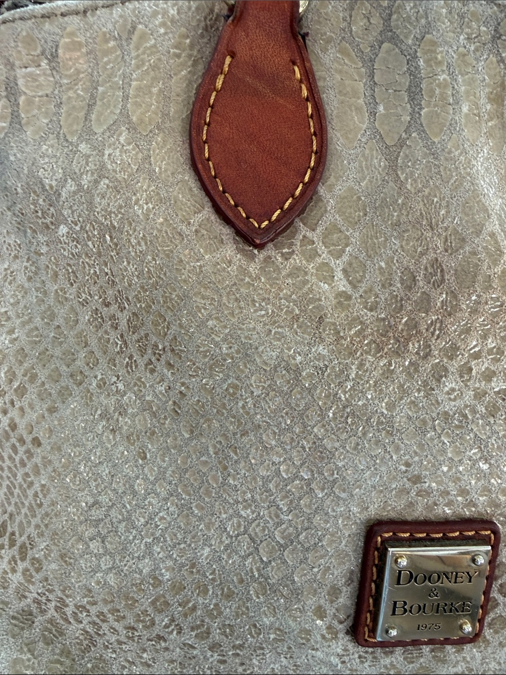 Dooney & Bourke taupe suede snake textured satchel w/British tan leather trim - Picture 2 of 11